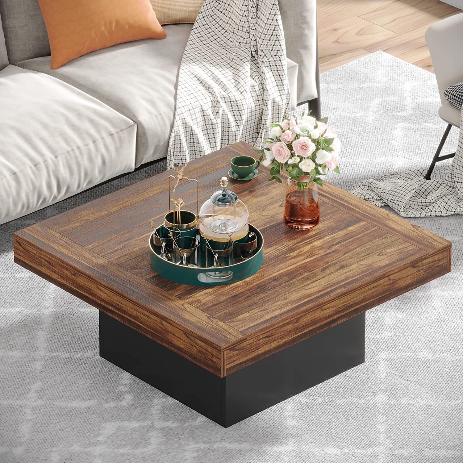 Finmind Squeare Coffee Table Modern LED Coffee Table Wood Coffee Table for Living Room Rustic Brown & Black Low Coffee Table