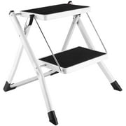 2 Step Stool, Folding Step Ladder Mini Steel Stepladders Anti-Slip Sturdy Steps Wide Pedal with Portable Handle Lightweight for Home Kitchen Office 250 lbs, White