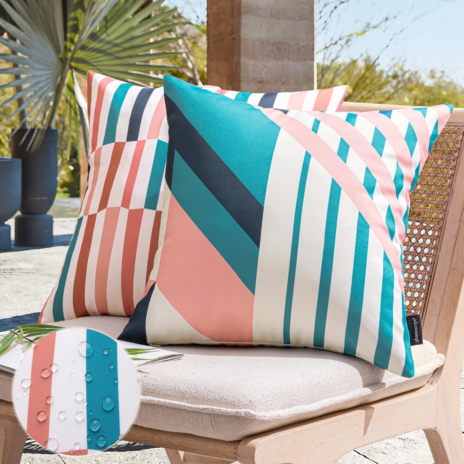 Phantoscope 2 Pack Waterproof Outdoor Decorative Throw Pillow 18x18, Geometric Color Block Patio Cushion Cases for Couch & Tent, Pink & Blue