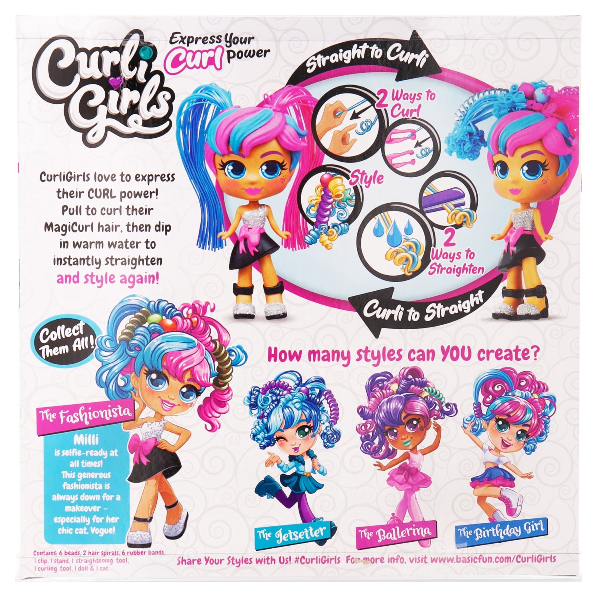 CurliGirls Milli, the Fashionista & Vogue, her cat - Deluxe Hairstyling Doll with MagiCurl Hair - Style Again and Again - Ages 3+