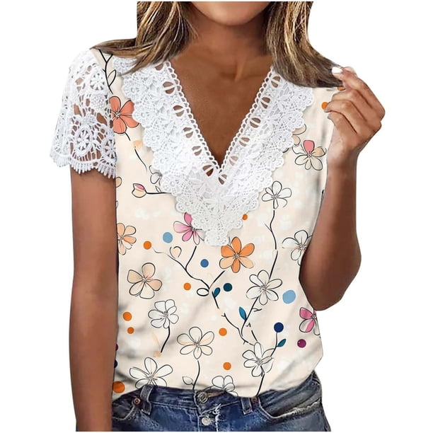 V Cuello Manga Corta Tops para las Mujeres Plegar Impreso Botón Delantero Casual Blusa Verano, Tops de Verano de las Mujeres V Cuello