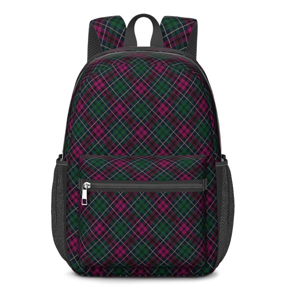 Green and Pink Checkered Pattern 17" School Backpacks for Teens,Waterproof Oxford Fabric,S-Shape Padded Straps for School,Travel,Hiking,Camping