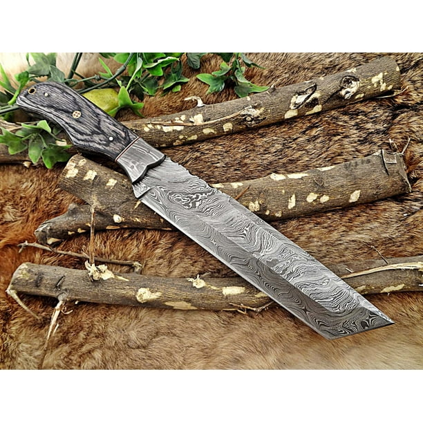 Damascus Depot 14 Long Hand Forged Damascus Steel Tracker Knife Full Tang Tanto Blade, 2 Tone Dollar Wood Scale Filet Knife, Cow Hide Leather Sheath