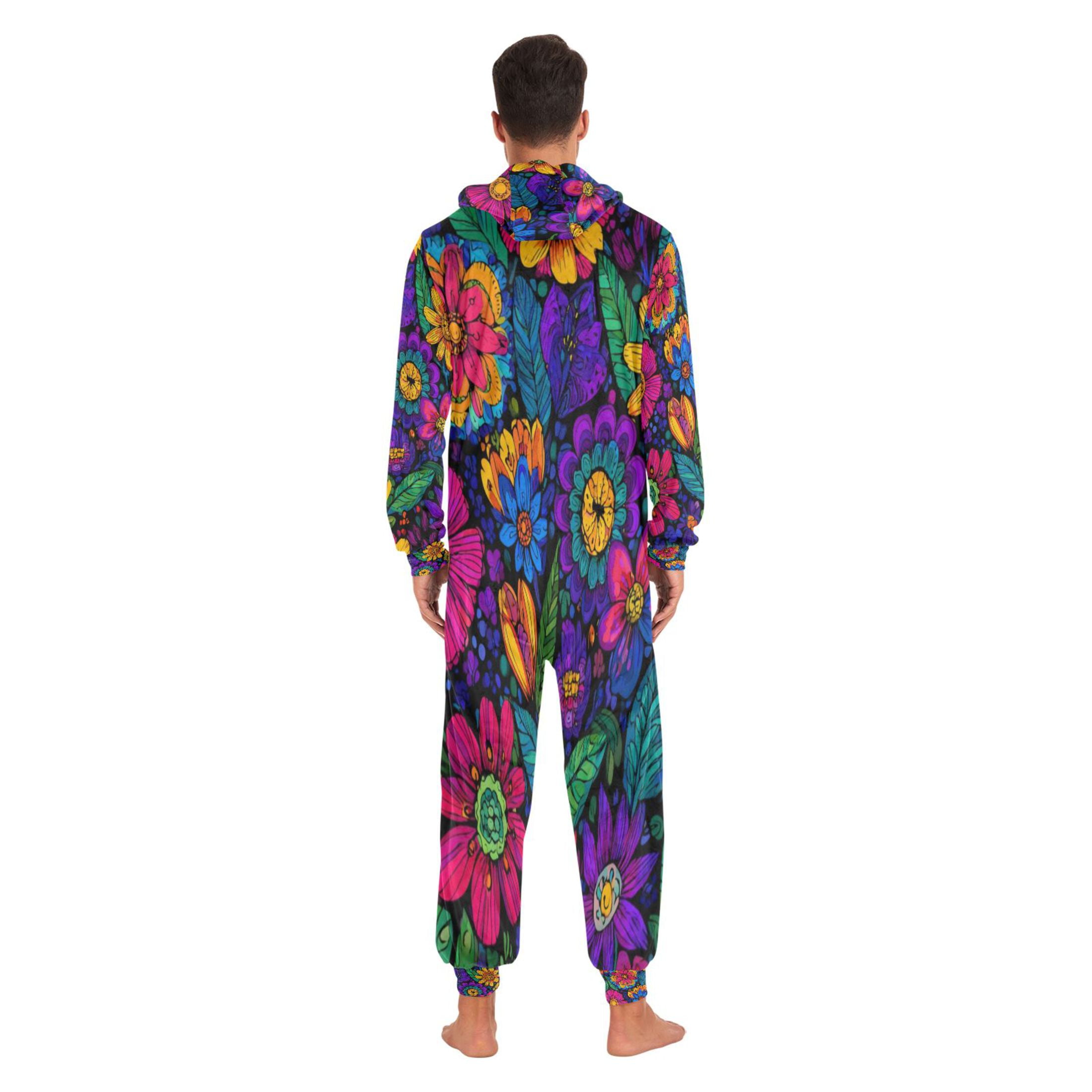 1-Pack Onesie Jumpsuits For Men&Women Winter One Piece Zipper Pajamas Playsuit Brightly Colored Wildflowers