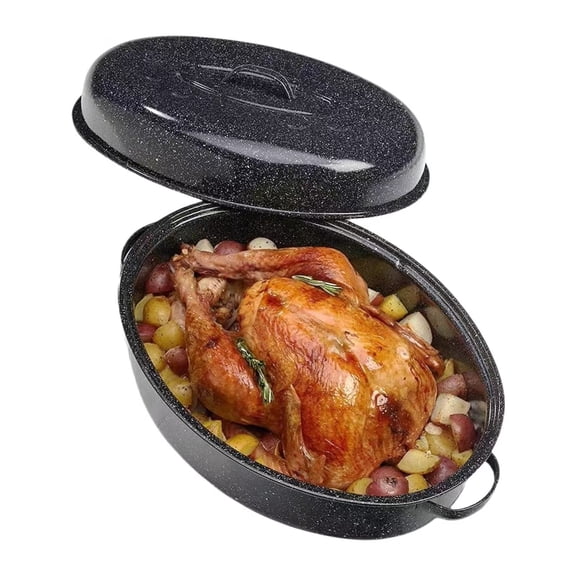 18 Inch Enamel Steel Turkey Roaster Pan with Lid - Oven Safe Large Roasting Pan for 16 lb Turkey, Thanksgiving & Holiday Meals, Dishwasher Safe