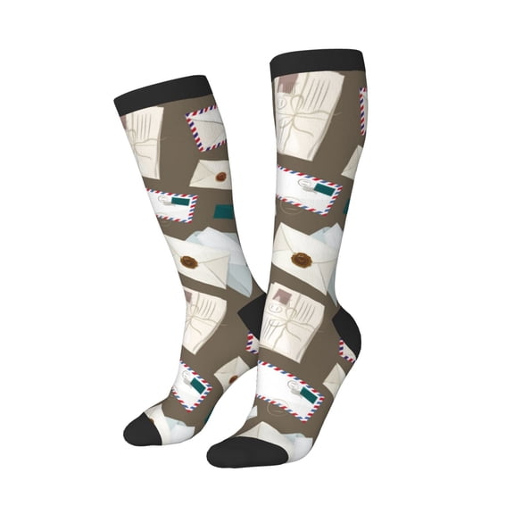 Knee High Socks for Women Men Athletic - envelope Pattern travel Thigh-High Black Sole Comfort Breathable Long Socks for Casual Travel Running