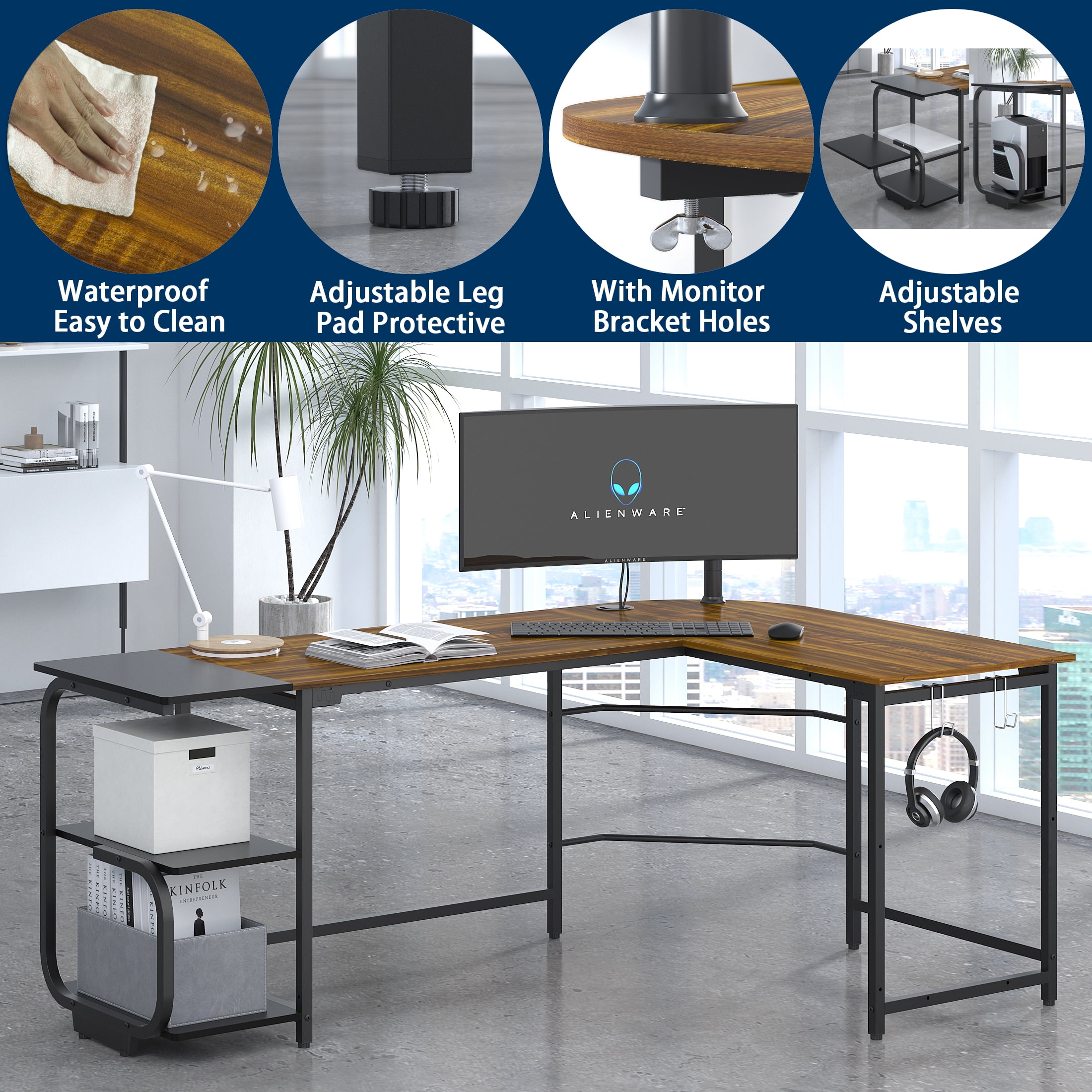 Yoneston Large 70" L-Shape Computer Desk with 2 Bookshelf Storage and Hooks, Home Office Workstation Table Furniture - Brown Teak