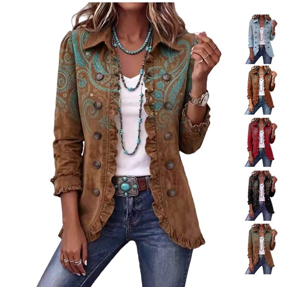Ruffled Jacket for Women Casual Long Sleeve Ruffle Double Breasted Jackets Vintage Loose Fit Open Front Coats Cardigan