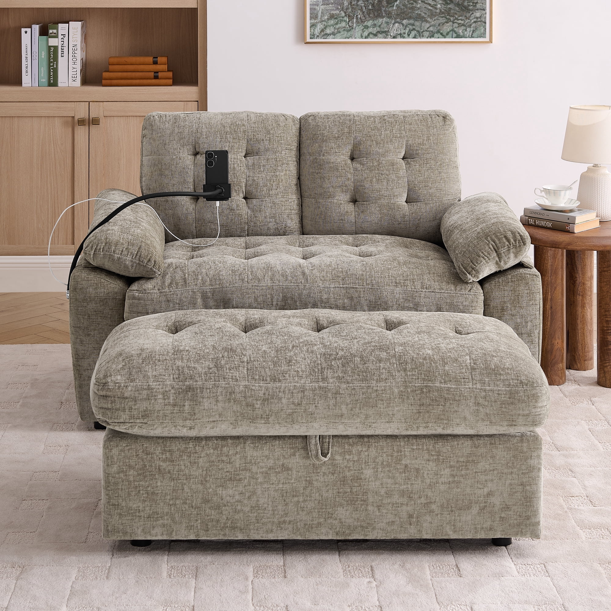 56" Loveseat Recliner with Adjustable Backrest, USB Charging Port, Phone Stand and Storage Ottoman