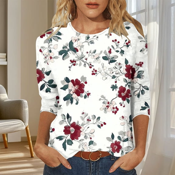 Elvqul Pullover Tops for Women 3/4 Sleeve Shirts Crew Neck Loose Winter Graphic Womens Tops Casual