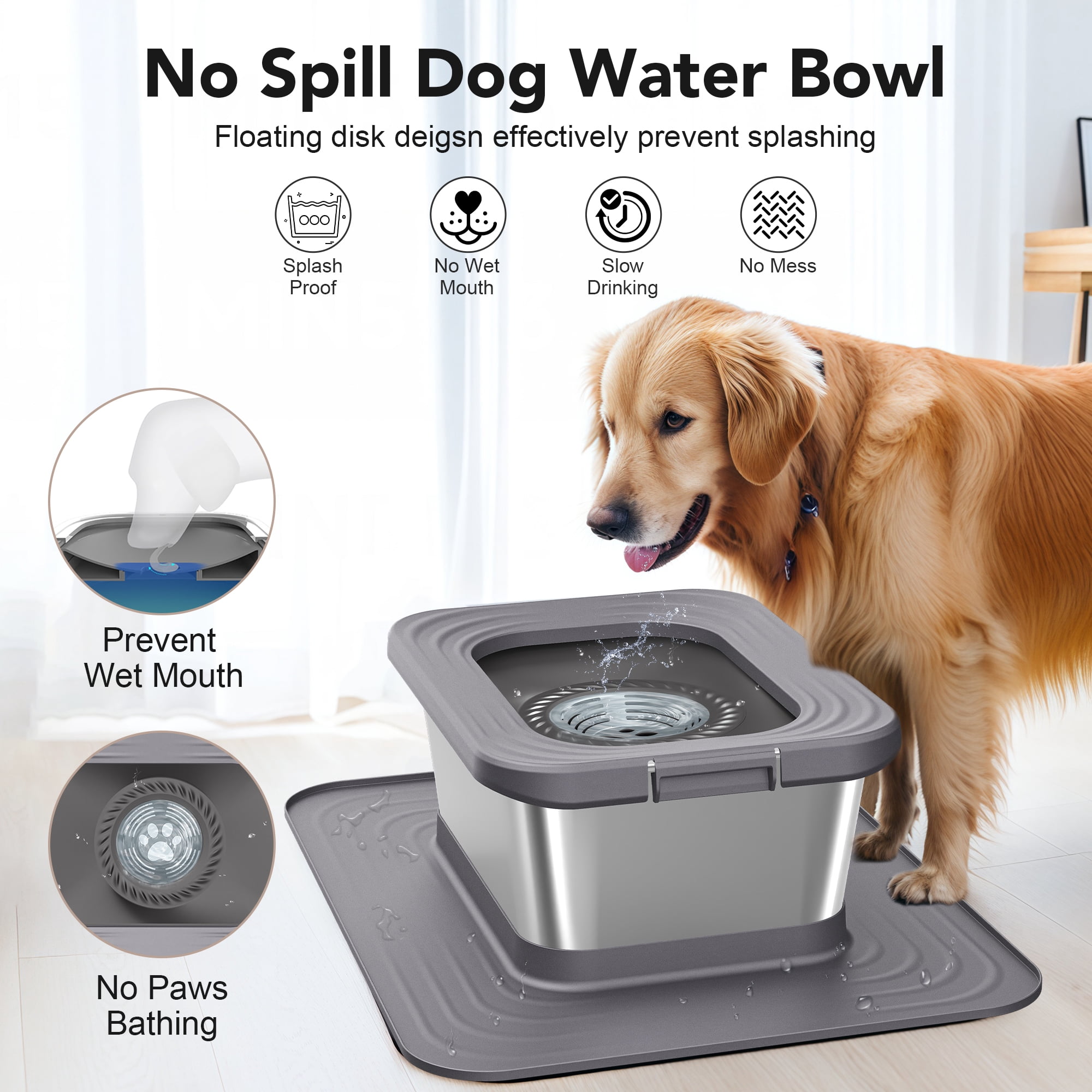 10l Dog Water Bowl Large Capacity Stainless Steel Dog Bowl, Anti-Splash Bowl With Large Size Silicone Anti-Slip Mat