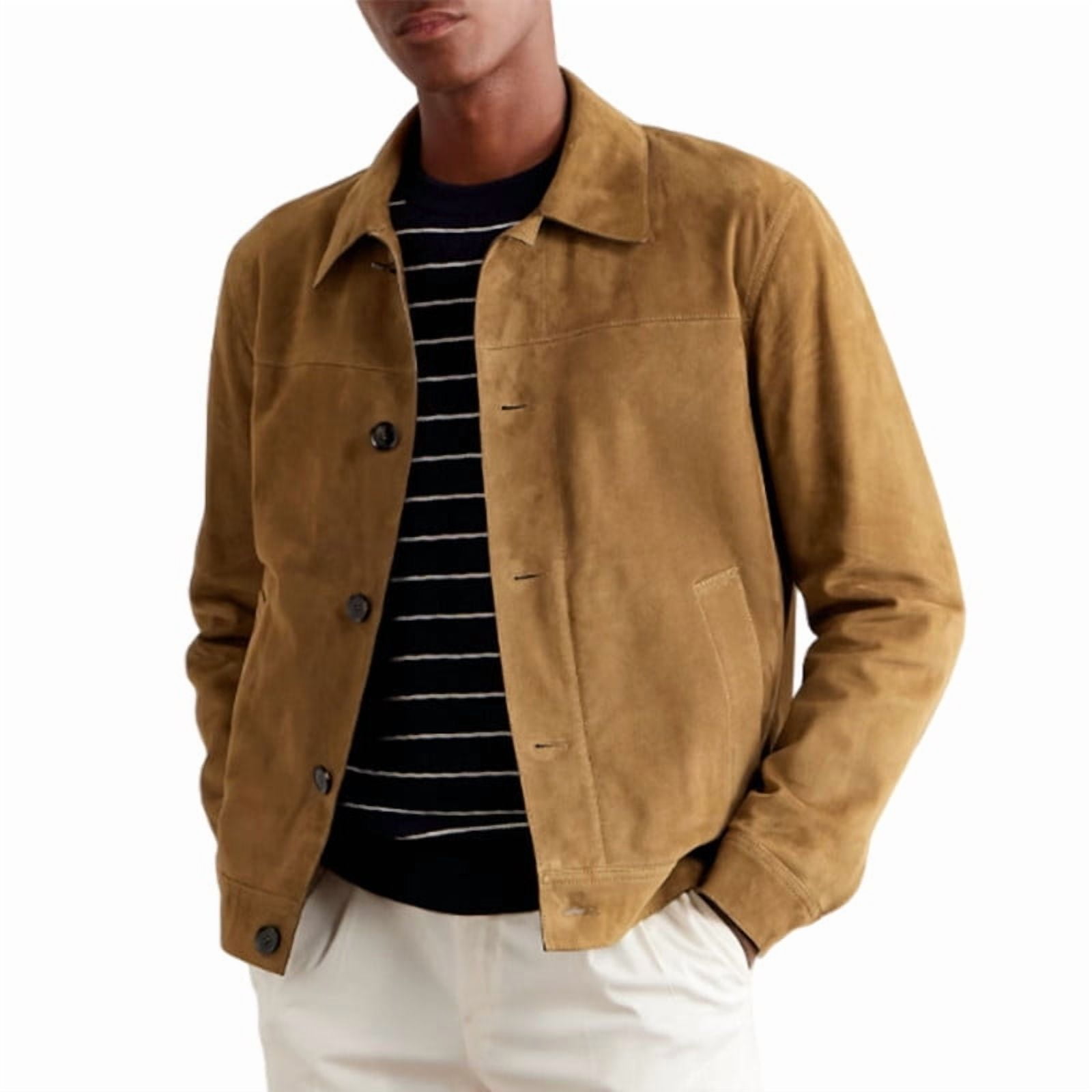 Men Beige Suede Leather Jacket Basic Style Button Closure Gift for