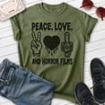 thumbnail image 2 of Peace Love And Horror Tee, Unisex Women's Men's Shirt, Horror Movie Classic Film Lover Halloween Gift, Heather Military Green, Medium, 2 of 6