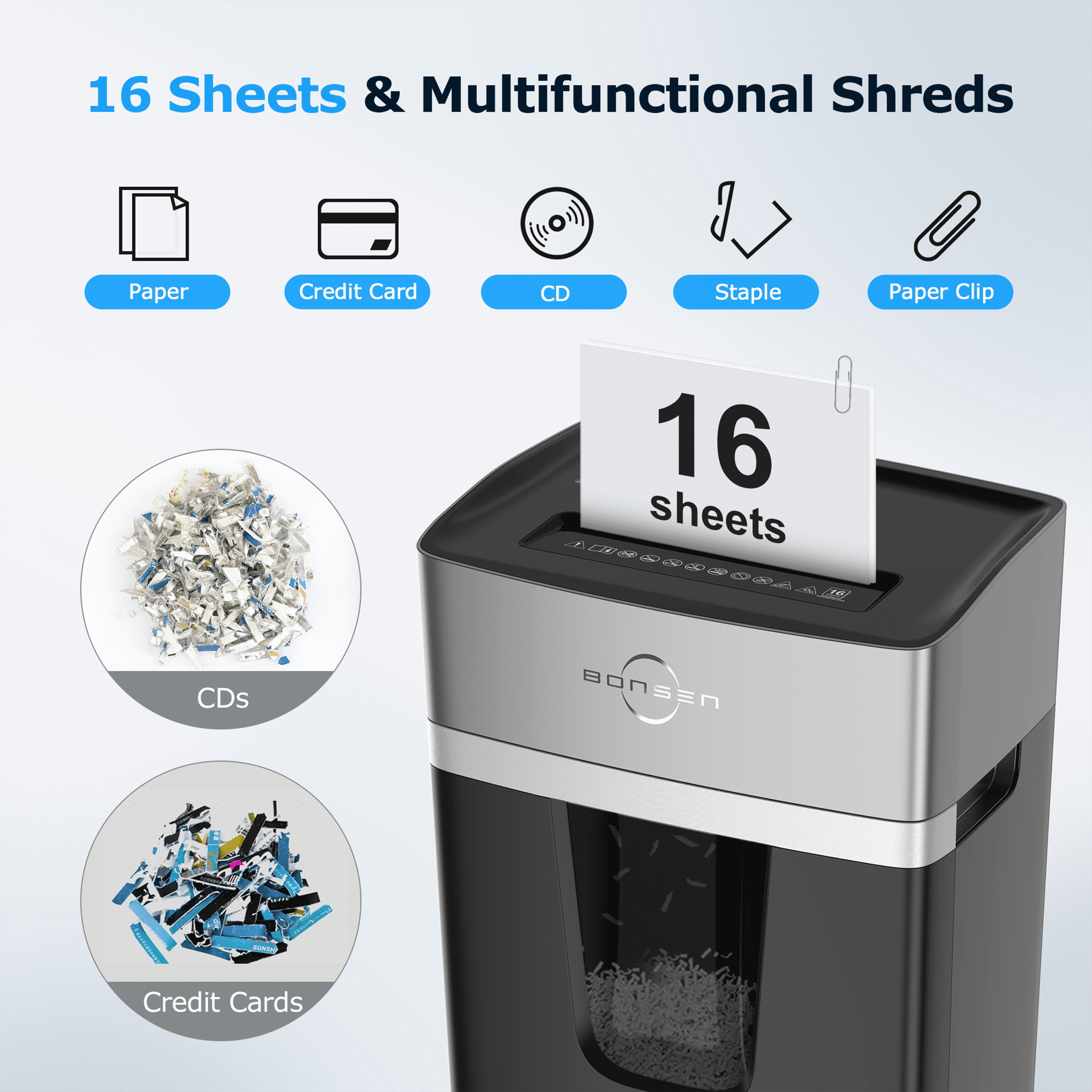 BONSEN 16-Sheet Cross Cut Paper Shredder Home Office Heavy Duty Shredders with 5.3 Gal Pullout Bin