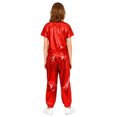 thumbnail image 2 of Xnihocha Kids Girls Metallic Jazz Dance Outfit Short Sleeve Sparkly T-shirt and Pants Shiny Hip Hop Dancewear Red 110, 2 of 7