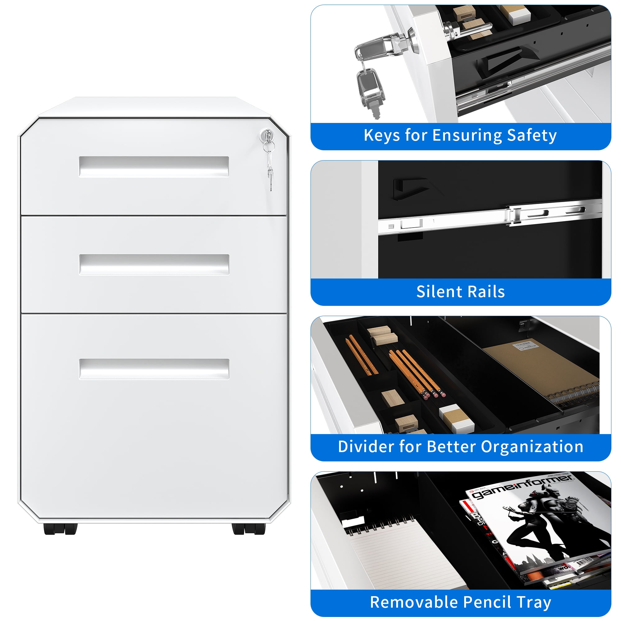 Dextrus 3-Drawer Metal Filing Cabinet, Pre-Assembled Portable File Cabinet with Lock, Divider and Pencil Tray, White