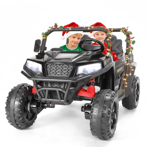 FUNTOK 24V 2 Seater Electric Ride on Toys for Big Kids w/ 20 " Large Seat, 4 x 200W Motors, 2WD/4WD Switchable Ride on UTV Dump Truck w/ Dump Bed, Remote Control, LED Lights, Bluetooth & Music, Black