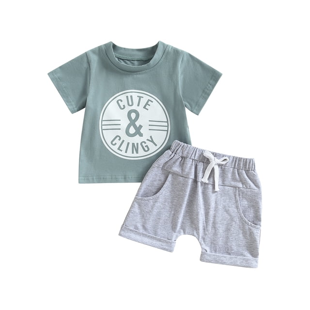 Gupgi 2 Pcs Ensemble T-Shirt à Manches Courtes Col Rond Imprimé Lettre pour Bébé Garçon et Shorts Couleur Unie