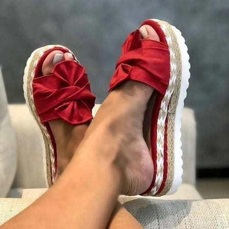 

Cathalem Open Weave Slip On Breathable Flat Women s Beach Toe Shoes Bow Summer Flip Flop Sandals for Women with Arch Support Red 9.5