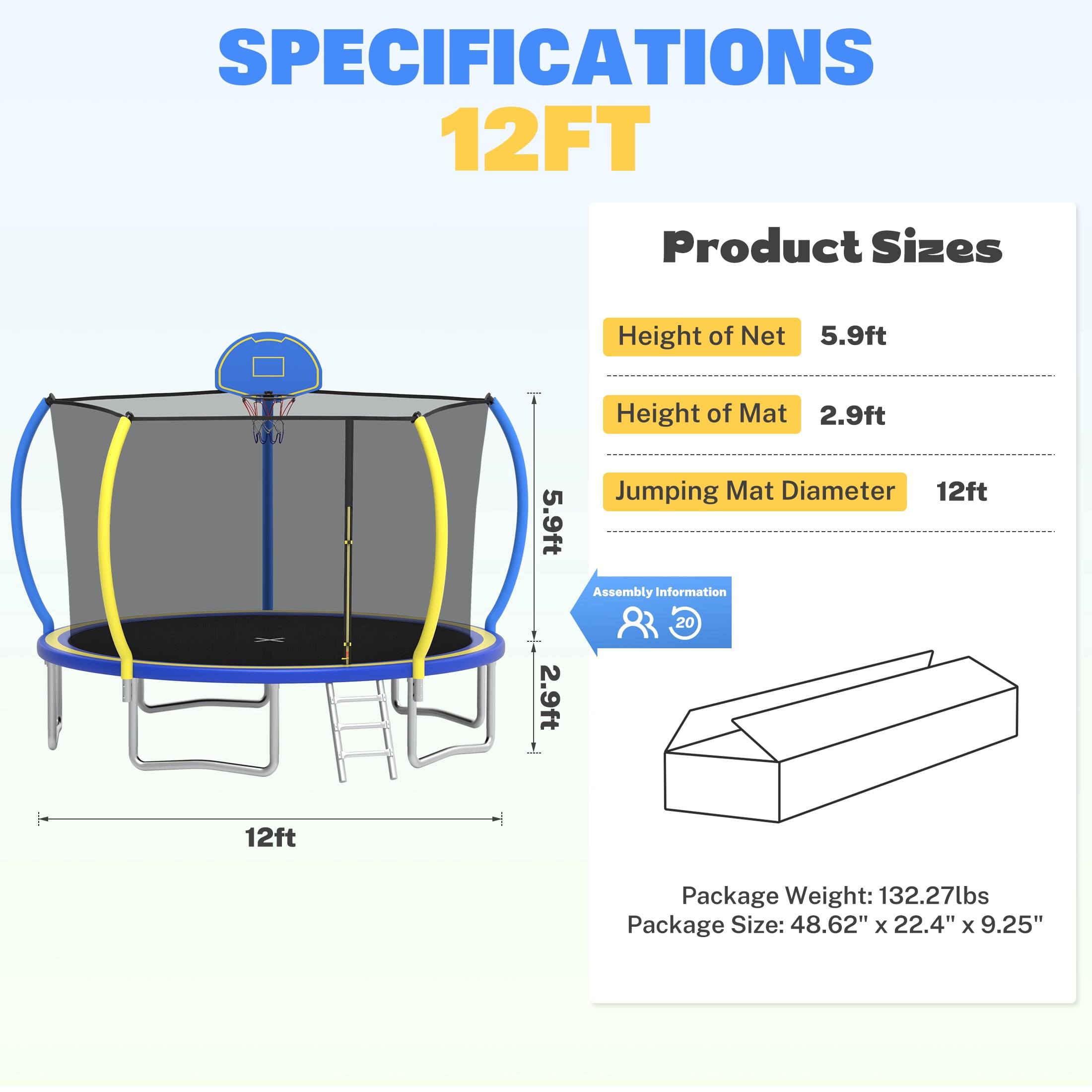 Outdoor Trampoline with Enclosure Net, Segmart 12Ft Trampolines for Kids and Adults, Recreational Trampoline with Ladder, Heavy Duty Yard Trampolines, Heavy-Duty Galvanized Steel Round Trampolines