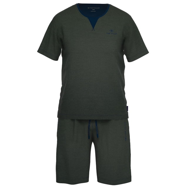 TOM TAILOR Pijama de hombre - corto, cuello redondo, piqué Verde S (Small)