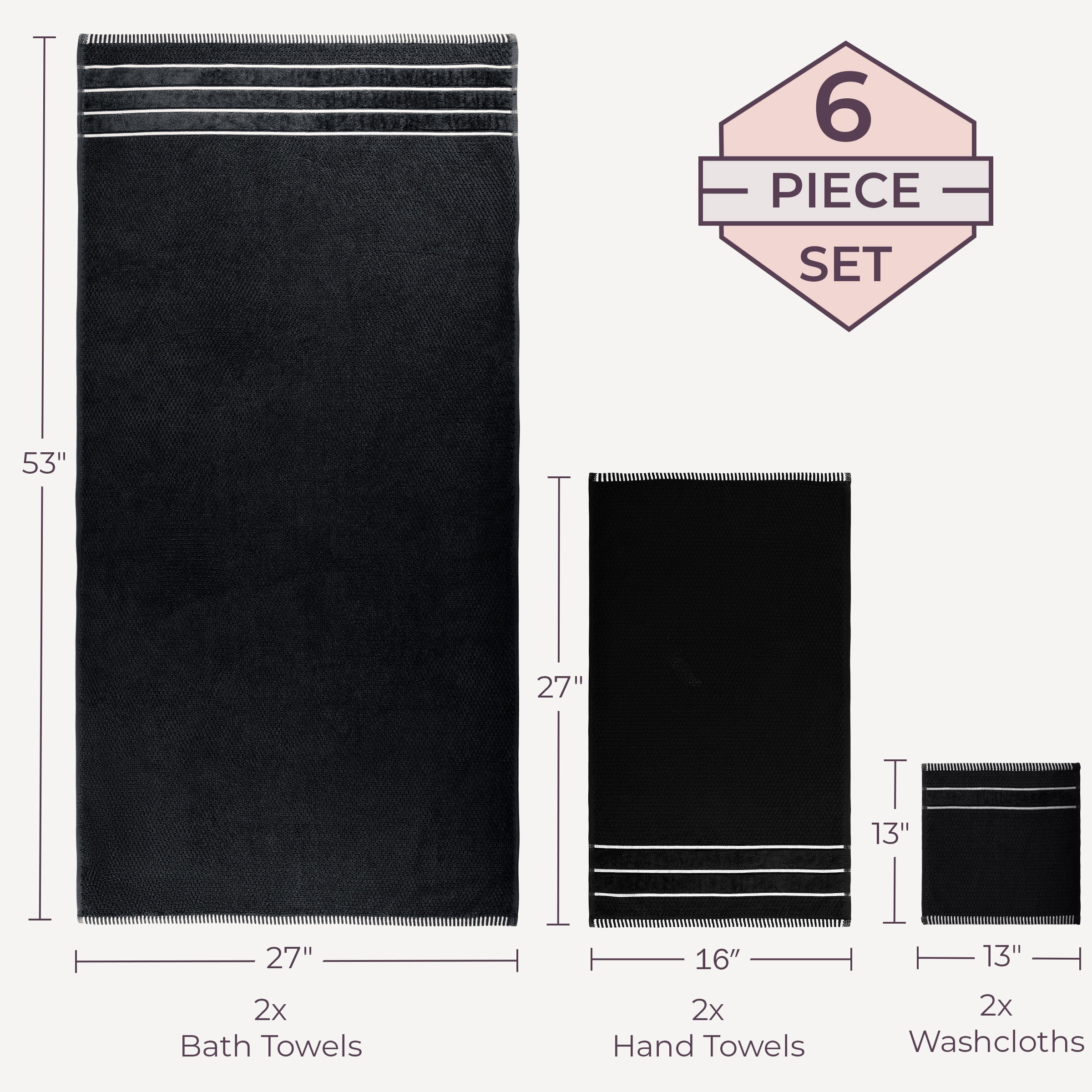 Lavish Home 6-Piece Combed Cotton Rice Weave Towel Set (Black)