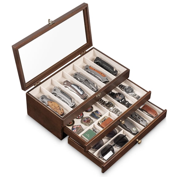 3-Layer Knife Display Case, Knife Collection Display Holder with Glass Lid & Drawers (Walnut)