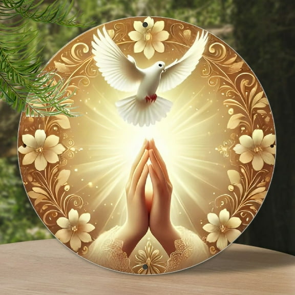 [8-Inch Faith-Inspired Metal Sign] Aluminum Engraved Prayer Hands & White Dove Metal Sign, 8-Inch, Faith-Inspired Religious Garland Panel, Spiritual Wall Art Decor, for Home, Office, Cafe - Ideal Gift