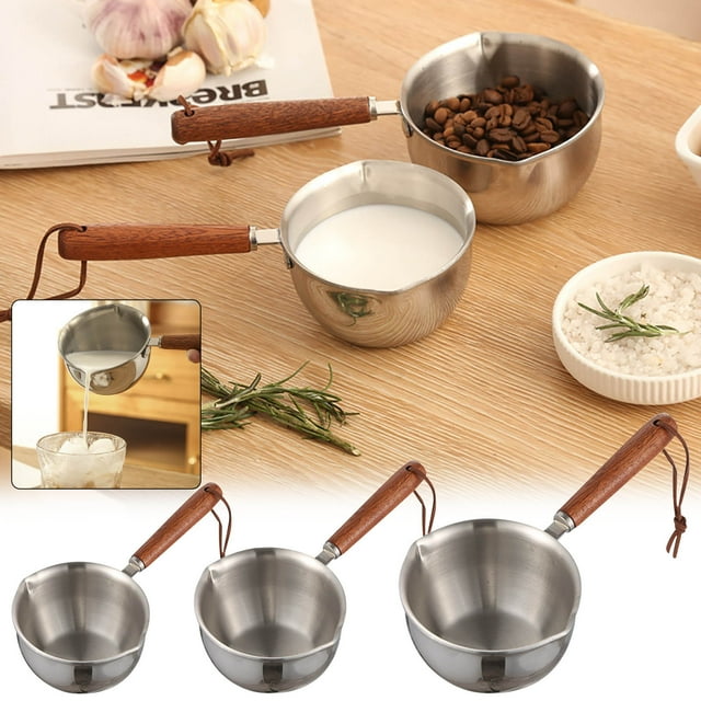 MORESEC under $5 3Pcs 304 Stainless Steel Oil Pot,Three-Layer Thickened Mini Pot for Hot Oil and Butter, Small Cooking Pot with Internal Scale and Comfortable Handle for Kitchen