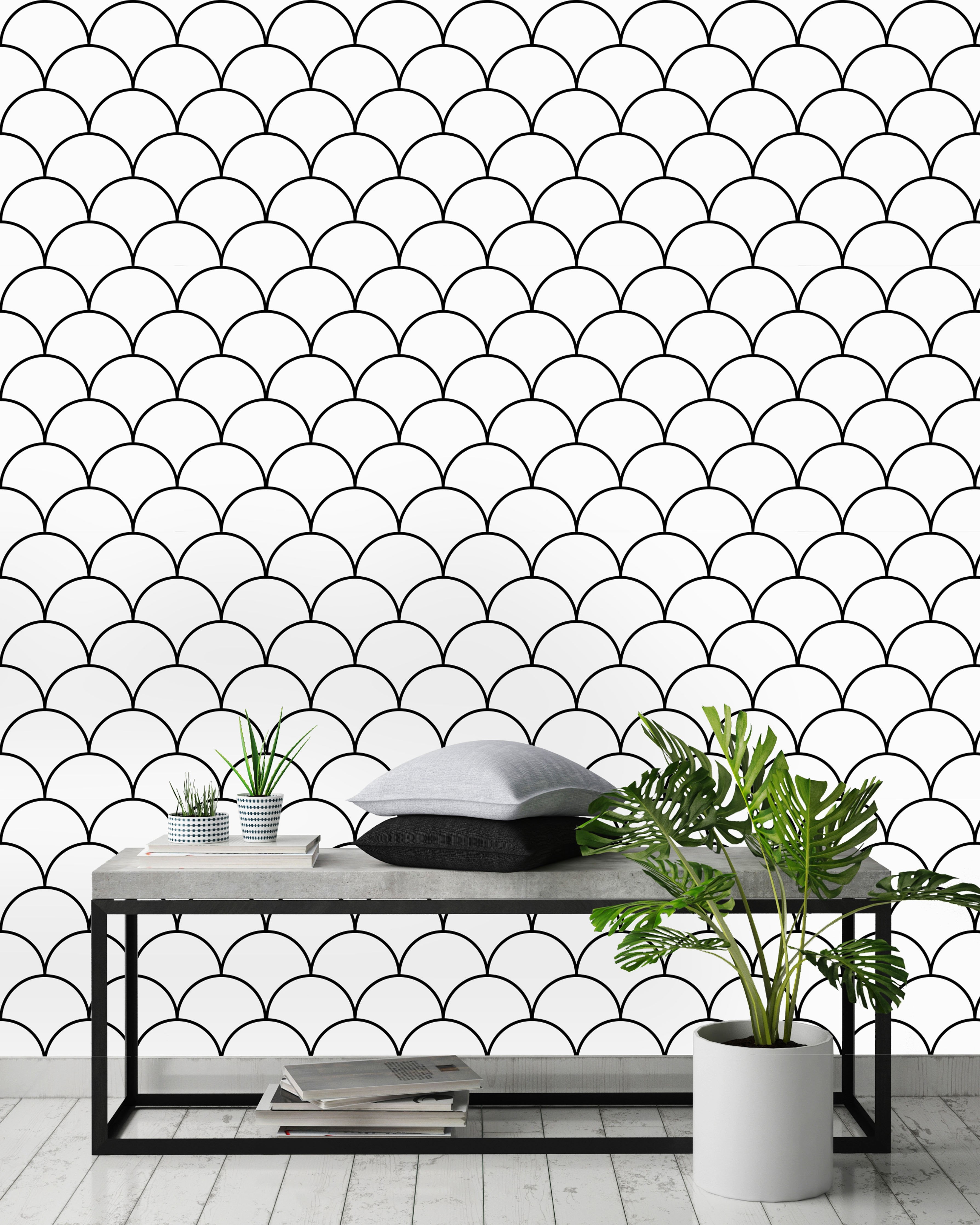 Black and White Scallops Peel and Stick Wallpaper