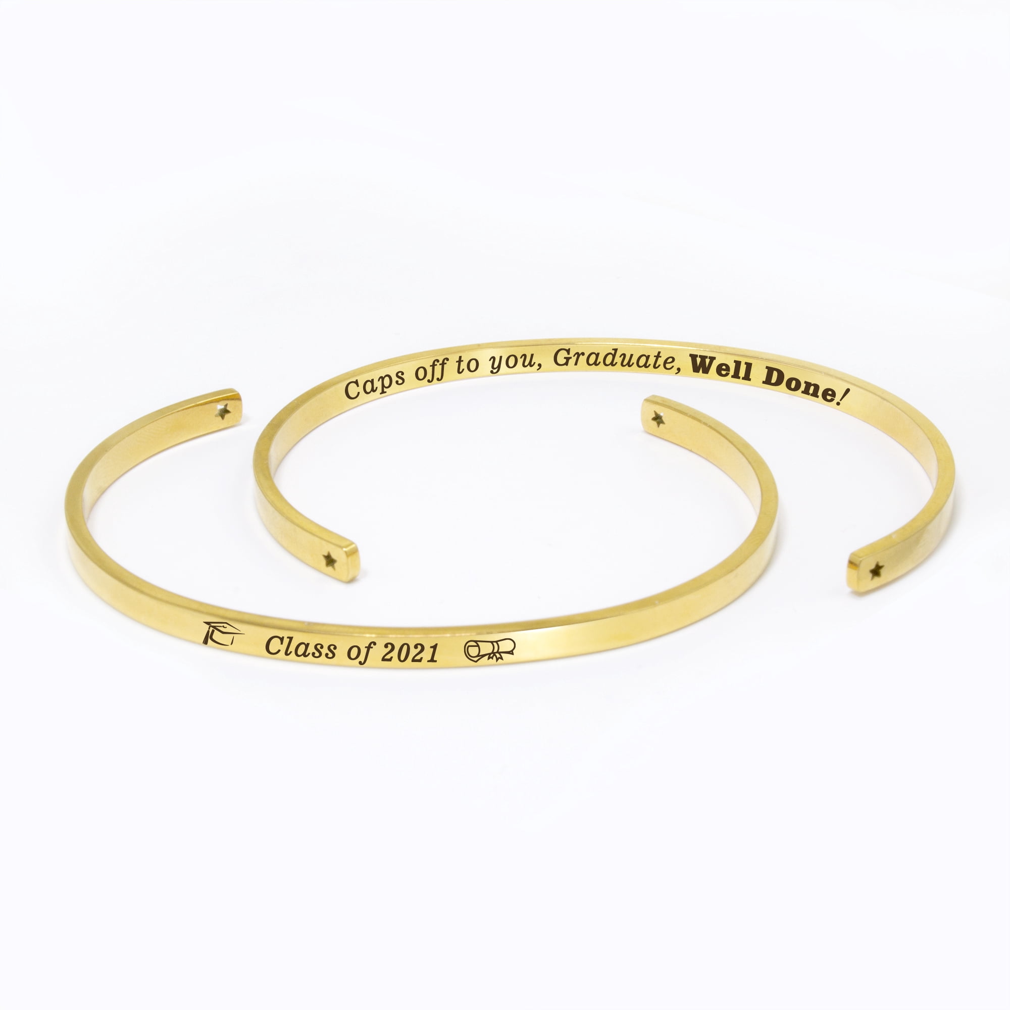 "Caps off to you…" Gold Stainless Steel Graduation Theme Hidden Message Gift for Her Cuff Bracelet with Gift Set