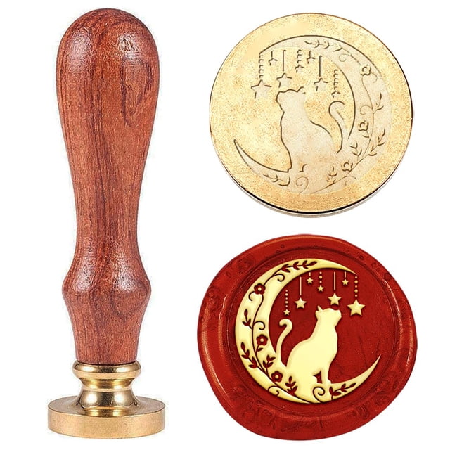 Sello de lacre con forma de gato con luna creciente (1 unidad). Ideal como regalo de Navidad. Cabezal de latón extraíble de 25 mm con mango de madera.