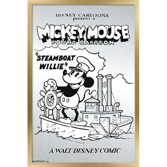 Disney Mickey Mouse - Black and White Steamboat Willie Wall Poster, 14.725" x 22.375", Framed