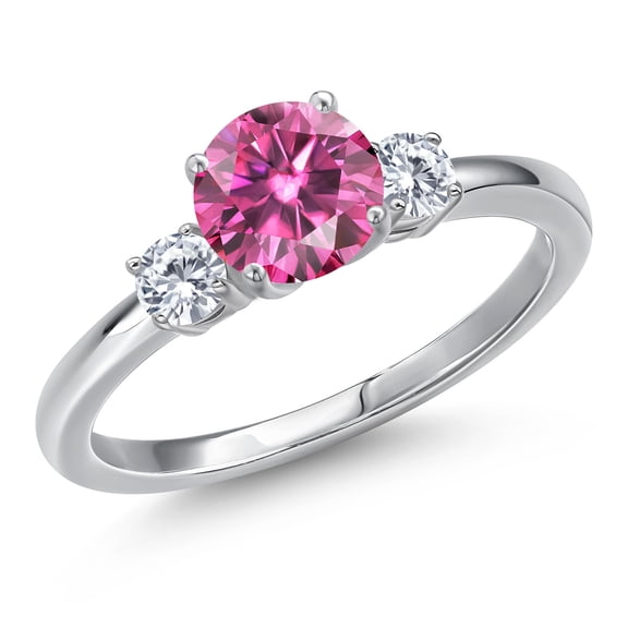 Gem Stone King 14K White Gold Pink Moissanite and Moissanite Engagement Ring for Women | 1.20 Cttw | Round 6.5MM | Gemstone Birthstone | Size 7