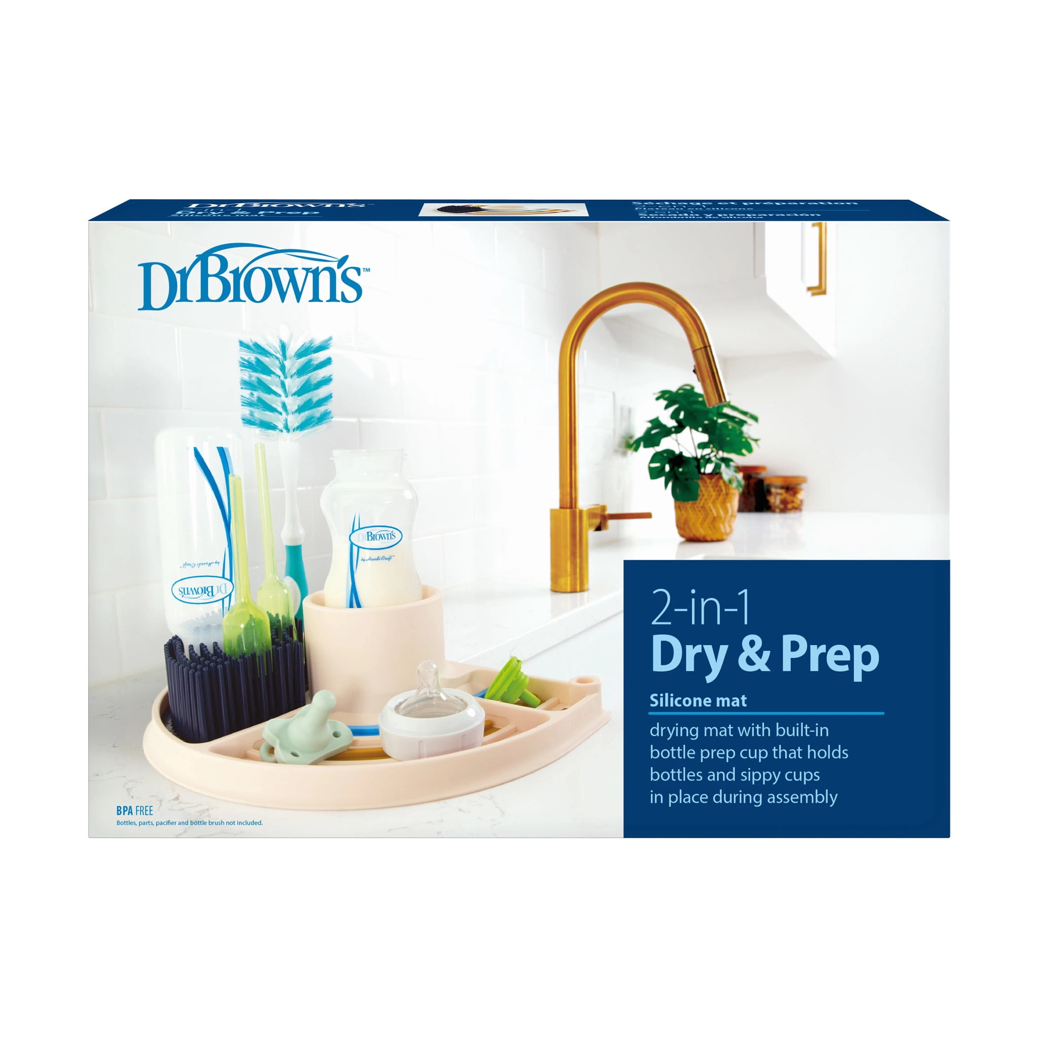 Dr. Brown's 2-in-1 Dry and Prep Silicone Mat, Built-in Baby Bottle Holder and Drying Mat, BPA Free