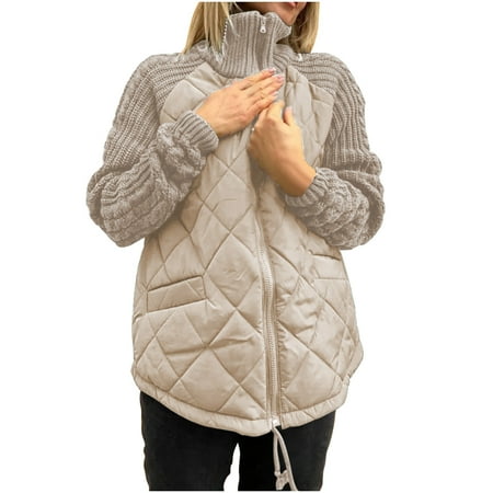 XPMWRP Women s Quilted Puffer Solid Color Jacket Casual Lightweight Stand Collar Long Sleeve Zip Puffer Jackets Padded Outerwear Coats Yellow XXL