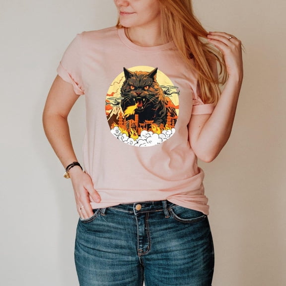 Catzilla Shirt, Cat T-shirt, Synthwave Cat Shirt, Vaporwave Cat Shirt, Animal Lover, Great Wave of Kanagawa Tee, Japanese Cat Tee, F4969 All Size S-5Xl