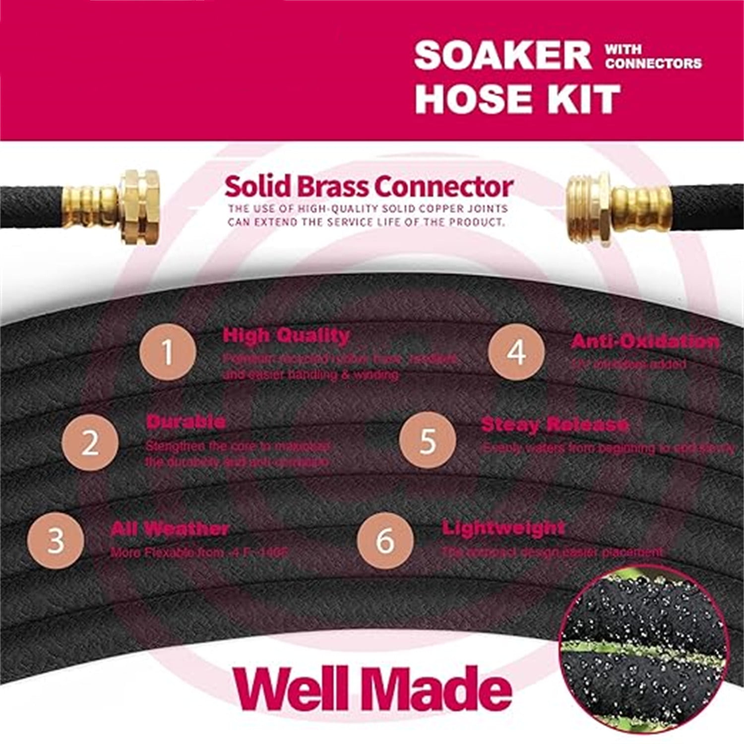 "Soaker Hose 100 FT For Garden Beds,Heavy Duty Solid Brass Connector 1/2“ Ruber Drip Irrigation Kit with Hose Stakes&Connector Set for Flower Bed&Yard,Landscaping "