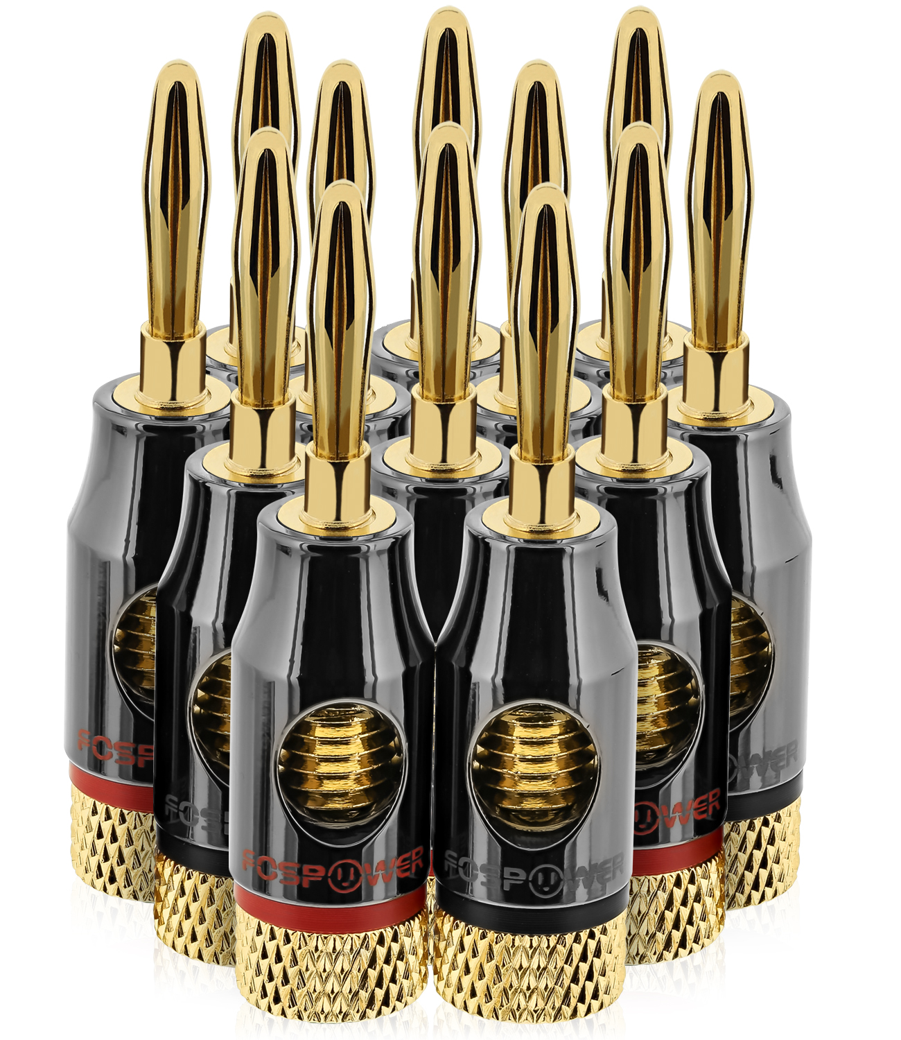 FosPower Banana Plugs 6 Pairs / 12 pcs, Open Screw 24K Gold Plated Banana Speaker Plug