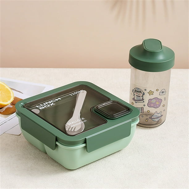 Fiambrera portátil de plástico con cubiertos adjuntos - Caja Bento de 800 ml con 2 compartimentos y caja de condimentos - tapa con cierre impermeable para oficina, picnics y viajes