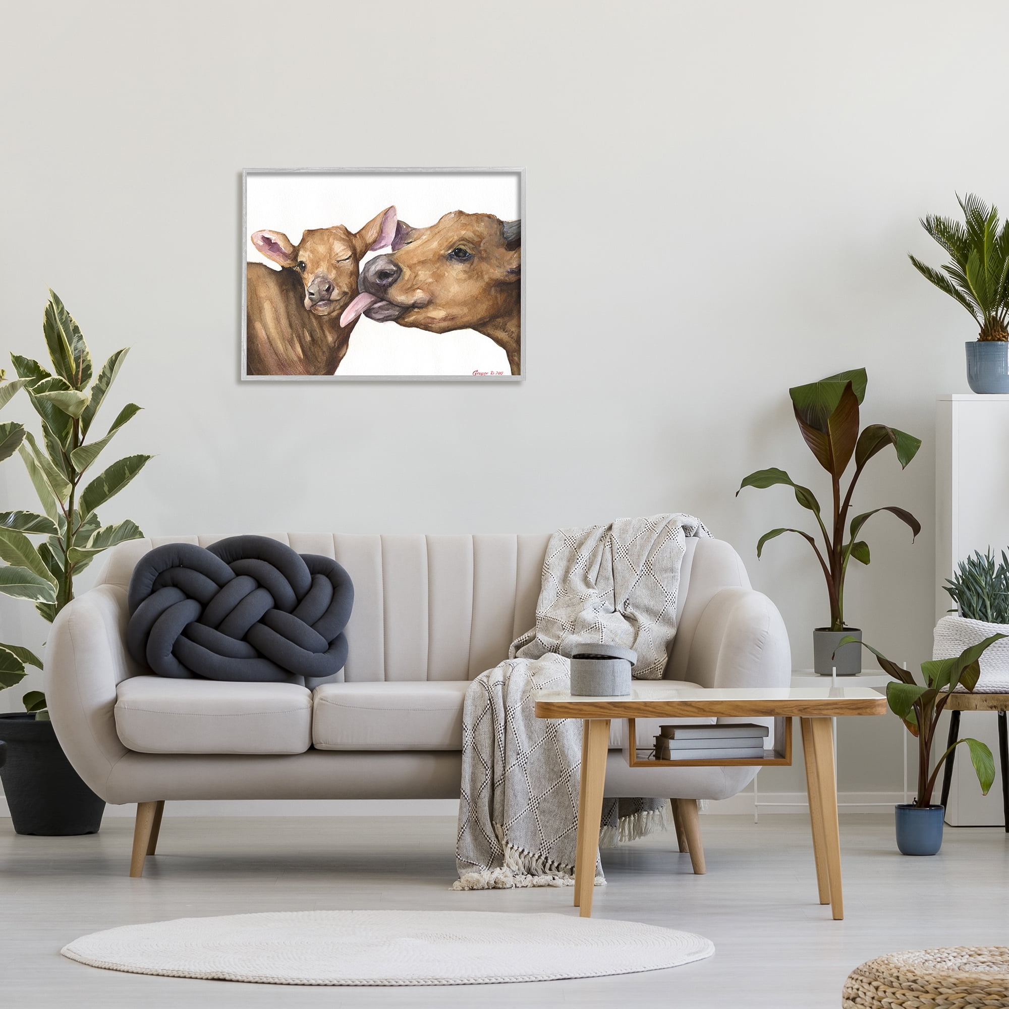 Stupell Industries Baby Cow Family Animal Watercolor Painting Framed Art Print Wall Art, 30x24, By George Dyachenko