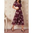 thumbnail image 2 of Womens Burgundy Floral Print V-Neck Short Sleeve Midi Dress, 2 of 7