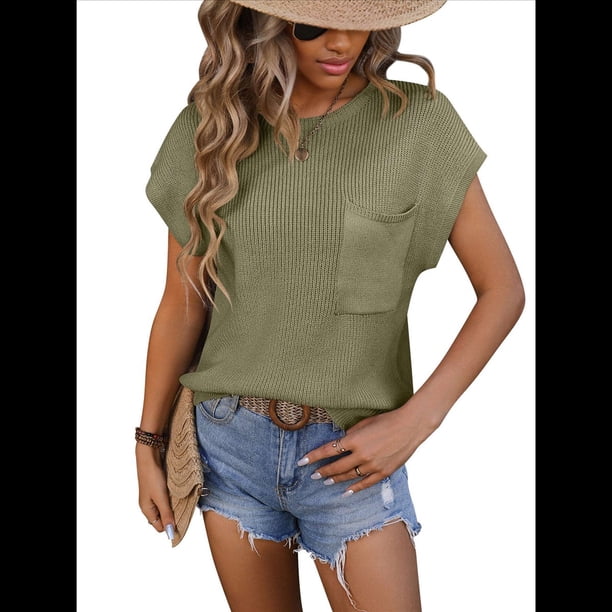 Suéter de Corta para Mujer, Jersey de Punto de Algodón 2025, Camisetas Sin Mangas, Conjuntos de y Verano, Verde , Talla XL