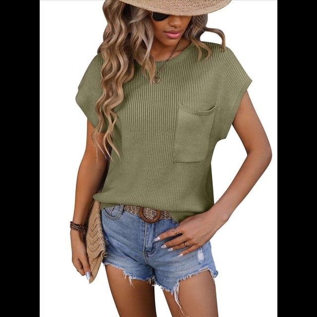 Suéter de Corta para Mujer, Jersey de Punto de Algodón 2025, Camisetas Sin Mangas, Conjuntos de y Verano, Verde , Talla XL