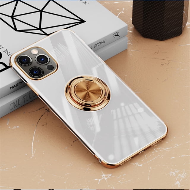 EGNMCR For 12 Pro Max Clear Ultra Slim Soft Electroplated Frame Case Ring Stand phone cover