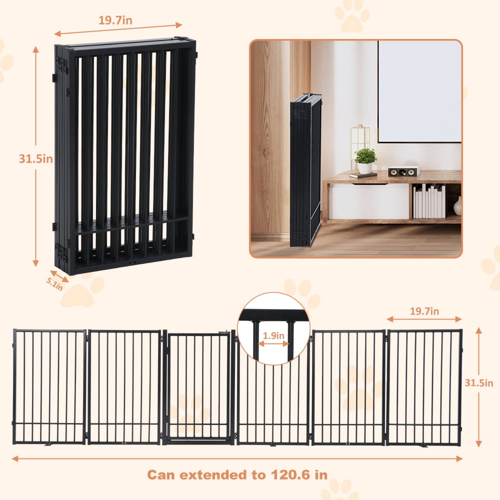 SMONTER Free Standing Dog Gate with Door Walk Through, 120'' Extra Wide Indoor Dog Fence, 31.5'' Height 6 Panels Foldable Metal Pet Puppy Gate for Stairs, Hallways, Doorway