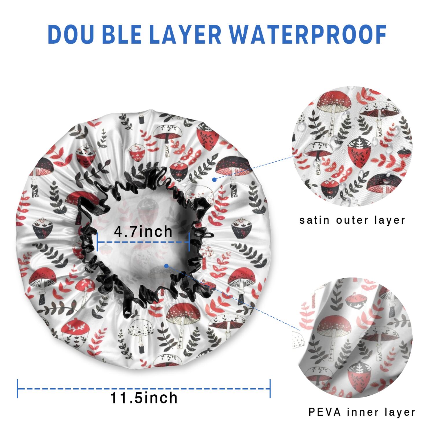 Shower Caps,Colorful Mushroom Floral White Pattern Waterproof Shower Cap for Women 4 Pieces,Double Reusable Hair Cover for Shower PEVA Elastic Stretch Hem