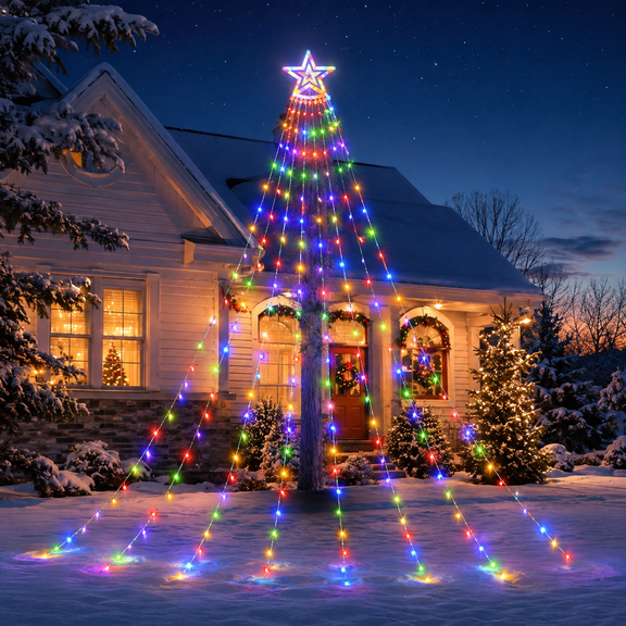 Behome Outdoor Christmas Lights, Christmas String Lights 350 LED 11.5Ft Waterfall Tree Light with Big Star Topper Waterproof 8 Light Modes for Xmas New Year Holiday Yard