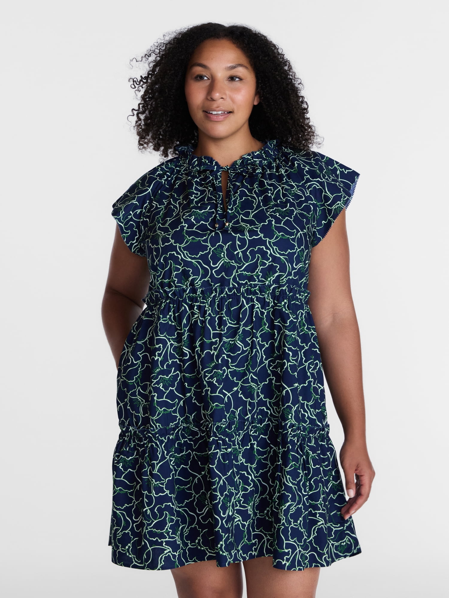 Time and Tru Women's and Women's Plus Tiered Cotton Mini Dress with Flutter Sleeves, Sizes XS-4X