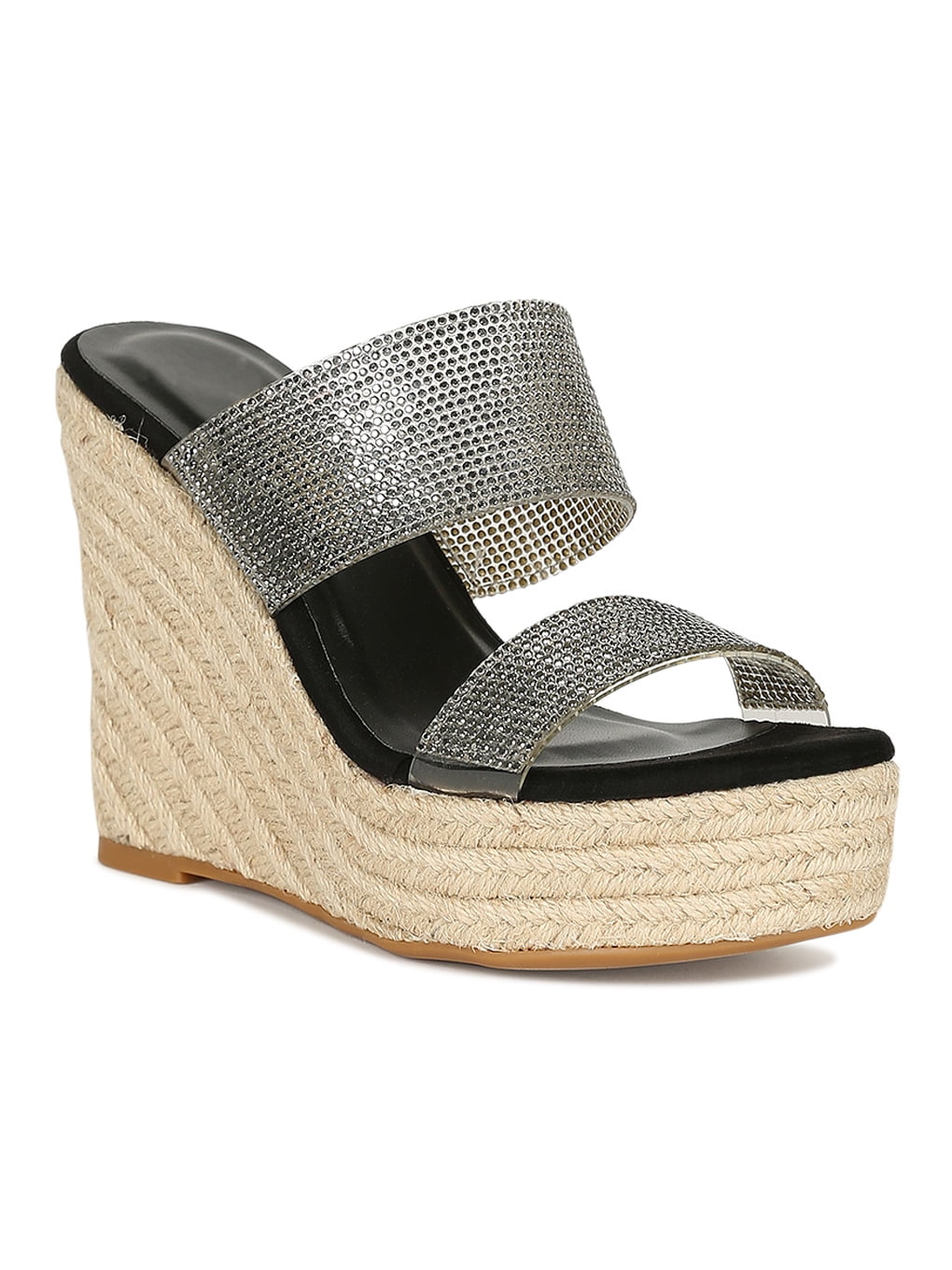 So Me Women Double Rhinestone Strap Espadrille Platform Wedge Sandal 19120